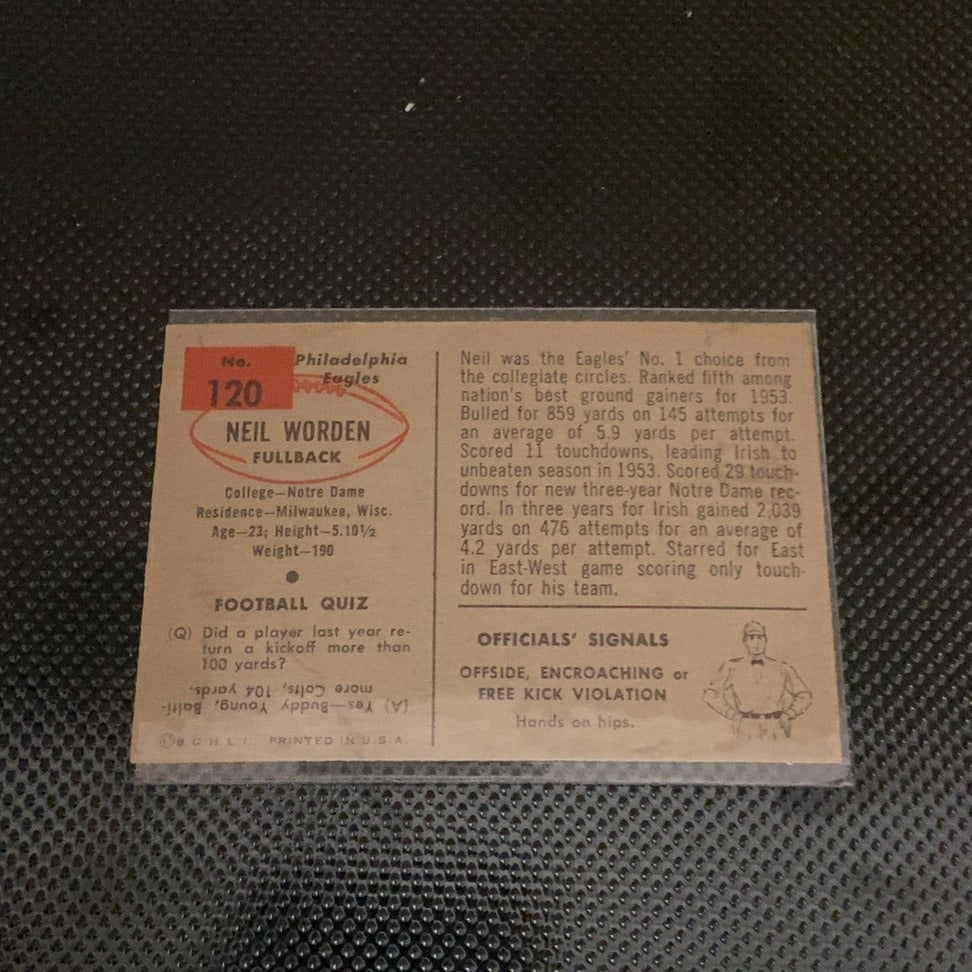 1959 Topps Neil Worden Philadelphia Eagles Football Card - 2