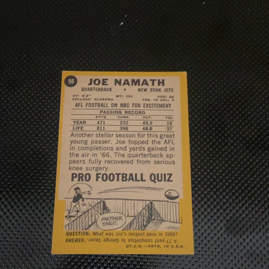 1968 Topps Joe Namath New York Jets Trading Card - 2