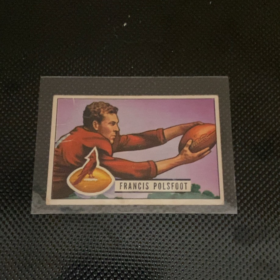 1950 Bowman Football Francis Polsfoot Chicago Cardinals: This is a 1950 Bowman football card featuring Francis Polsfoot of the Chicago Cardinals. The vintage collectible showcases an illustration of the player catching a football and appears to be in