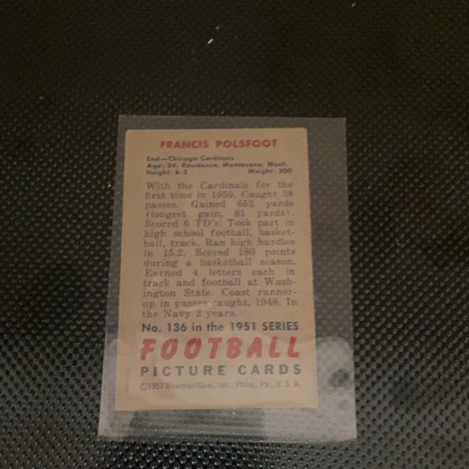1950 Bowman Football Francis Polsfoot Chicago Cardinals - 2