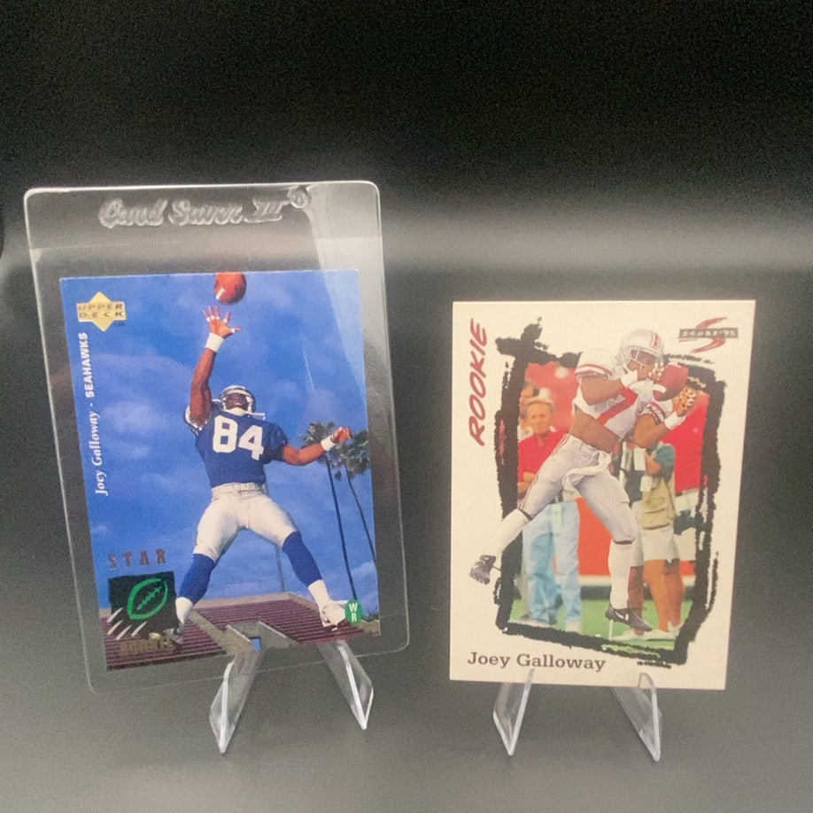 1995 Joey Galloway Rookie Card Lot: This lot features two Joey Galloway football trading cards from 1995. It includes an Upper Deck Seahawks card and a Score '95 rookie card.