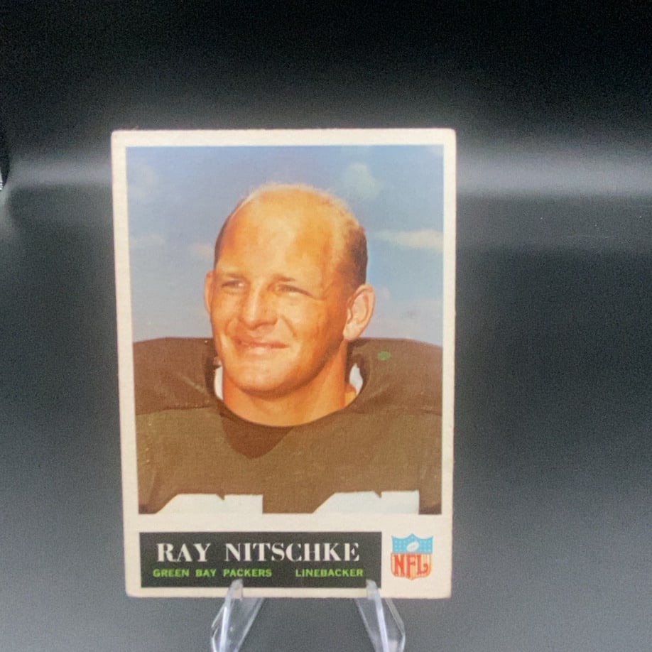 Ray Nitschke Green Bay Packers Linebacker: This is a vintage trading card featuring Ray Nitschke of the Green Bay Packers. He is identified on the card as a linebacker, and the design includes an NFL shield logo at the bottom.