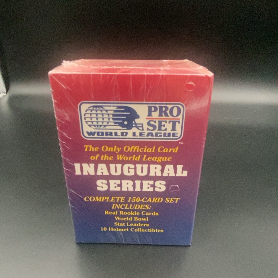 1991 Pro Set World League Inaugural Series: This is a sealed factory box set of the 1991 Pro Set World League Inaugural Series. It contains a complete 150-card set which includes real rookie cards, World Bowl cards, stat leaders, and 10 helmet