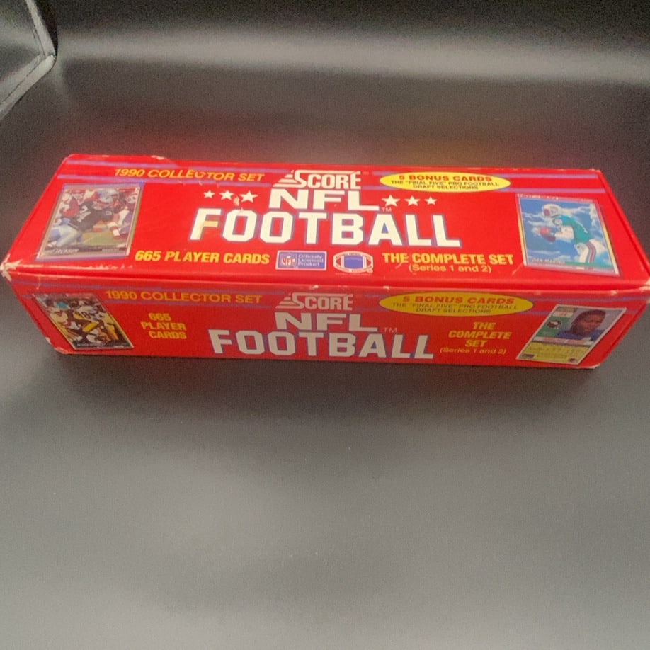 1990 Score NFL Football Factory Sealed Complete Set Box: This is a factory sealed complete set box of 1990 Score NFL Football trading cards. The box contains 665 player cards and 5 bonus Final Five draft selection cards, featuring stars like Bo Jackson and 