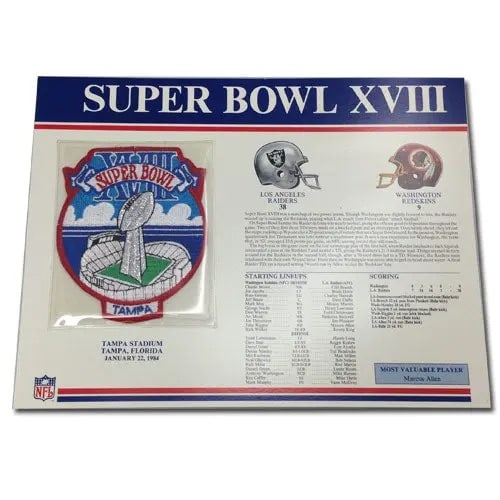 1984 Willabee & Ward Super Bowl XVIII Patch: This collectible features a Super Bowl XVIII patch from the 1984 matchup between the Los Angeles Raiders and the Washington Redskins. It is presented on a Willabee & Ward header board that includes