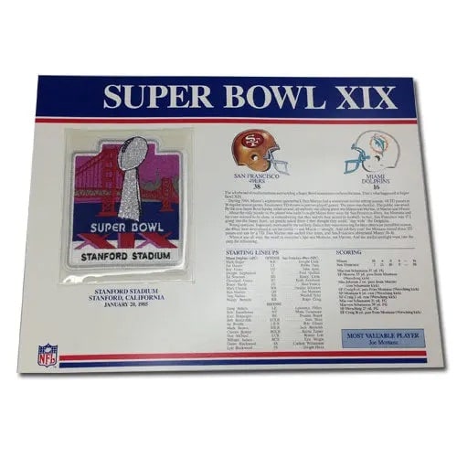 1985 Super Bowl XIX Patch with Header Board: This is a Super Bowl XIX collectible patch displayed on a commemorative header board featuring game details from the 1985 championship. The set includes a branded embroidered patch and printed informa