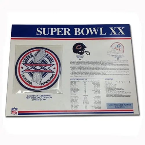 Super Bowl XX Patch With Header Board: This is a Super Bowl XX commemorative patch and information board celebrating the game played in the Louisiana Superdome on January 26, 1986. The display features the official event patch alongside