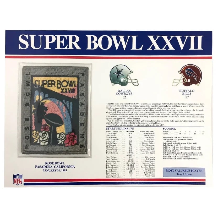 Super Bowl XXVII Commemorative Patch Card: This is a collectible card commemorating Super Bowl XXVII, held on January 31, 1993, at the Rose Bowl in Pasadena. The card features an embedded patch of the official event logo, the game score