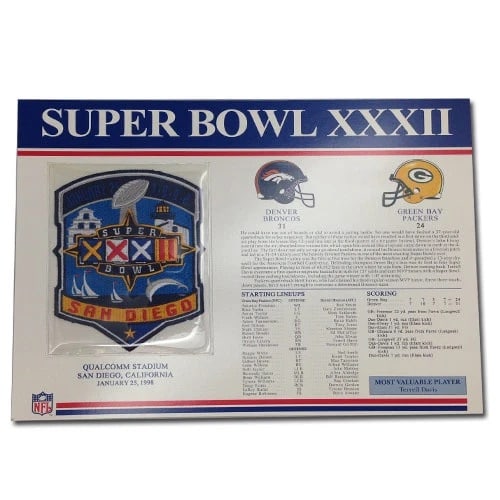1998 Super Bowl XXXII Commemorative Card: This is a Super Bowl XXXII commemorative trading card featuring an embedded patch. It provides detailed statistics, starting lineups, and game commentary for the match between the Denver Broncos and