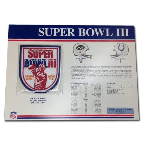 Super Bowl III Patch with Header Board: This collectible item features a Super Bowl III embroidered patch encased in a header board display. The board provides historical context, starting lineups, and scoring for the game between the New Y