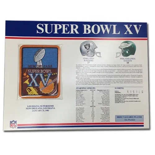 1981 Willabee and Ward Super Bowl XV Patch and Header Board: This is a collectible Willabee and Ward header board featuring an enclosed Super Bowl XV commemorative patch. The board provides historical details of the game played between the Oakland Raiders and