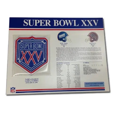 1991 Willabee & Ward Super Bowl XXV Patch: This is a 1991 Willabee & Ward collector's board featuring a Super Bowl XXV commemorative patch. The board provides historical game details, including the final score between the New York Giants and