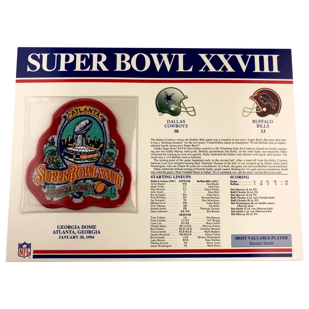 1994 Super Bowl XXVIII Willabee and Ward Patch: This collectible displays an embroidered commemorative patch for Super Bowl XXVIII held at the Georgia Dome in Atlanta on January 30, 1994. The display features the starting lineups for both the