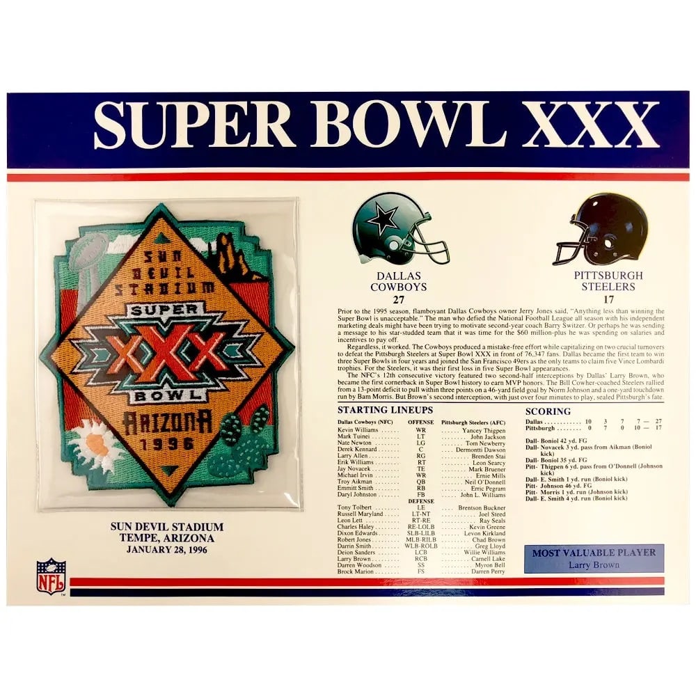 1996 Super Bowl XXX Patch Willabee & Ward: This is a commemorative collectible display from Willabee & Ward featuring a patch from Super Bowl XXX, played between the Dallas Cowboys and Pittsburgh Steelers in 1996 at Sun Devil Stadium. The