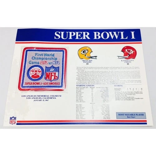 Super Bowl I Commemorative Card: This collectible card commemorates Super Bowl I, featuring a patch of the First World Championship Game AFL vs NFL and team logos. The card details the game played on January 15, 1967, between the
