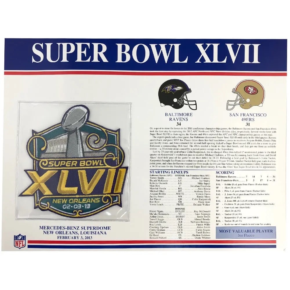 Super Bowl XLVII Commemorative Card: This is a collectible card commemorating Super Bowl XLVII played on February 3, 2013, at the Mercedes-Benz Superdome in New Orleans. The card features an embroidered patch of the Super Bowl logo,