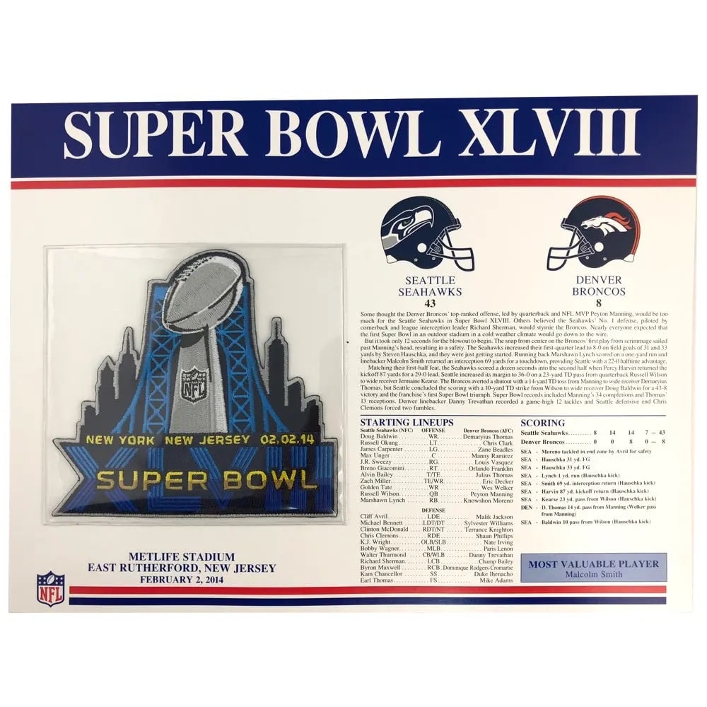 2014 Super Bowl XLVIII Commemorative Card: This is a Super Bowl XLVIII commemorative card featuring a patch of the championship logo and the game details. The text on the card provides a summary of the game between the Seattle Seahawks and