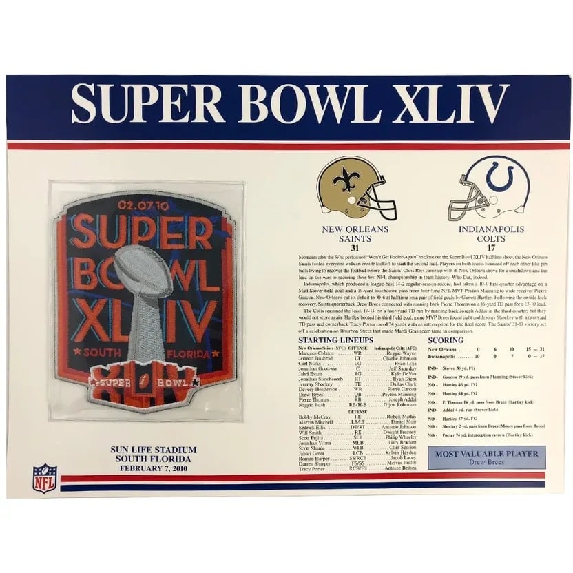 Super Bowl XLIII Commemorative Display: This collectible display commemorates Super Bowl XLIII held at Raymond James Stadium in Tampa, Florida, on February 1, 2009. It features a patch of the championship trophy and game details including t