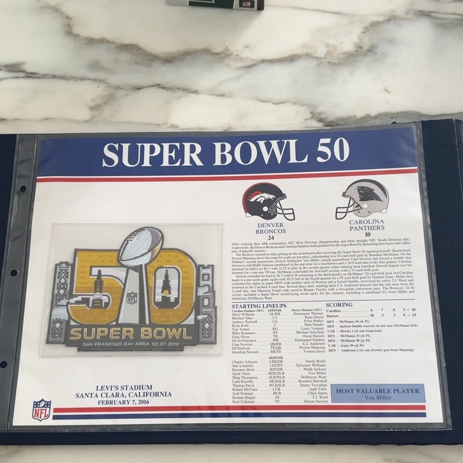 2016 Super Bowl 50 Commemorative Pat: This is a Super Bowl 50 commemorative display featuring the official event logo patch for the game held at Levi's Stadium in 2016. It includes detailed game statistics, starting lineups for the