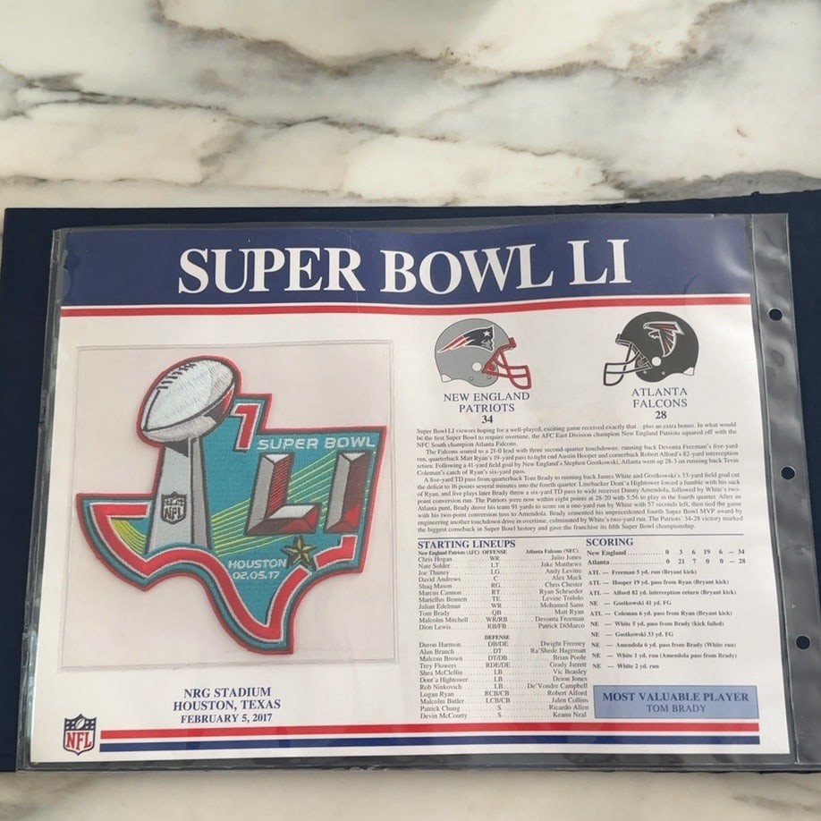 Super Bowl LI Commemorative Patch: This is a commemorative sheet featuring a Super Bowl LI patch. The display includes the final scores between the New England Patriots and the Atlanta Falcons, starting lineups, and a recap of the
