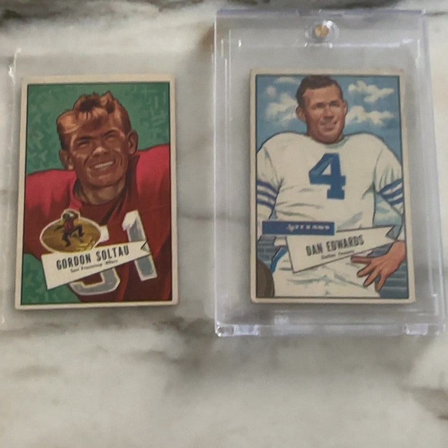1126 -Bowman football cards showcasing players Gordon Soltau: 1126 -This image features two 1951 Bowman football cards showcasing players Gordon Soltau of the San Francisco 49ers and Dan Edwards of the Dallas Texans. The cards are depicted in their vintage,