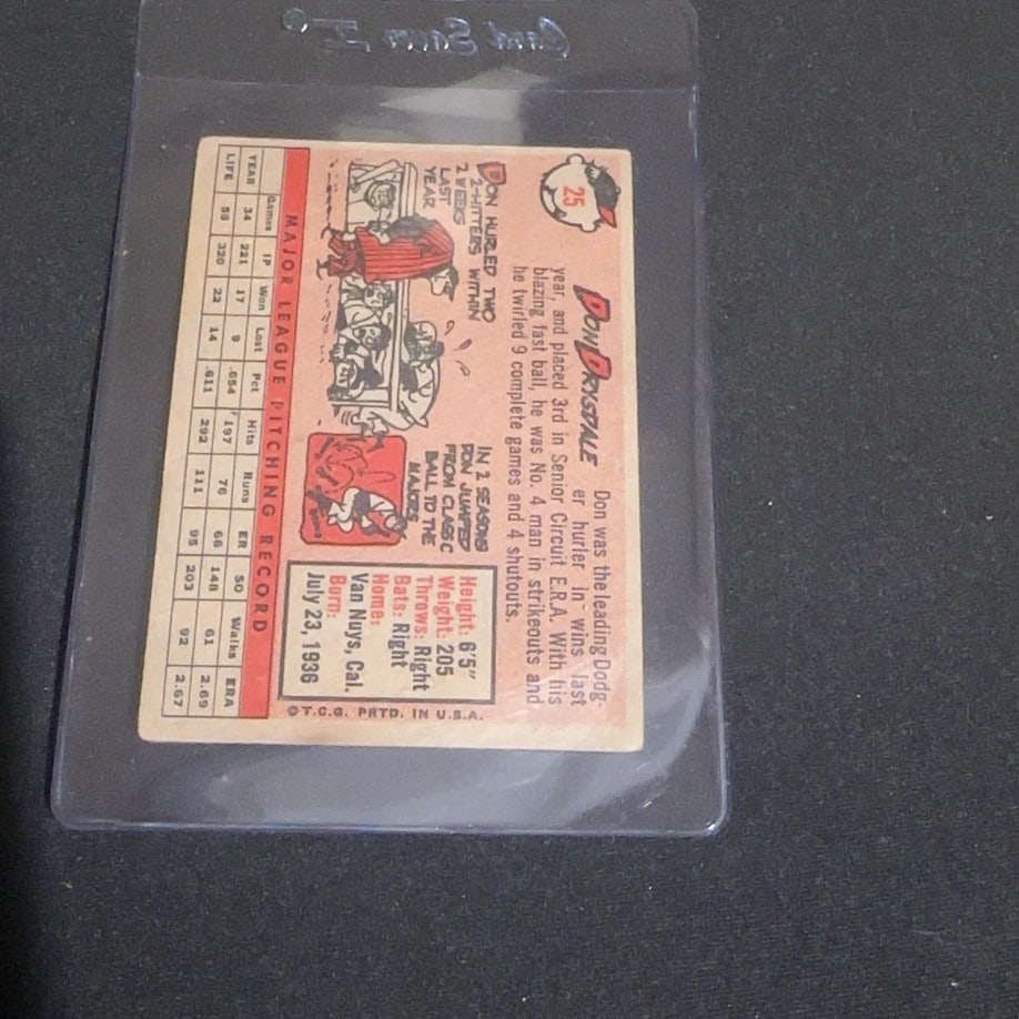 1958 Vintage Topps Don Drysdale Los Angeles Dodgers Card - 2