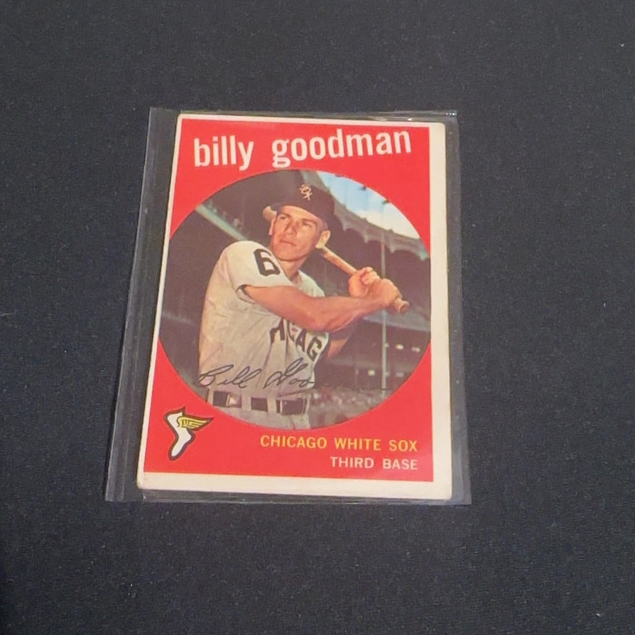 1959 Vintage Topps Billy Goodman Chicago White Sox Baseball Card: This is a 1959 Vintage Topps baseball card featuring Billy Goodman of the Chicago White Sox. The card showcases Goodman in a batting stance and is identified as a Third Base player card from the 1961 