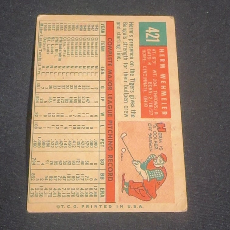 1959 Vintage Topps Herm Wehmeier - 2