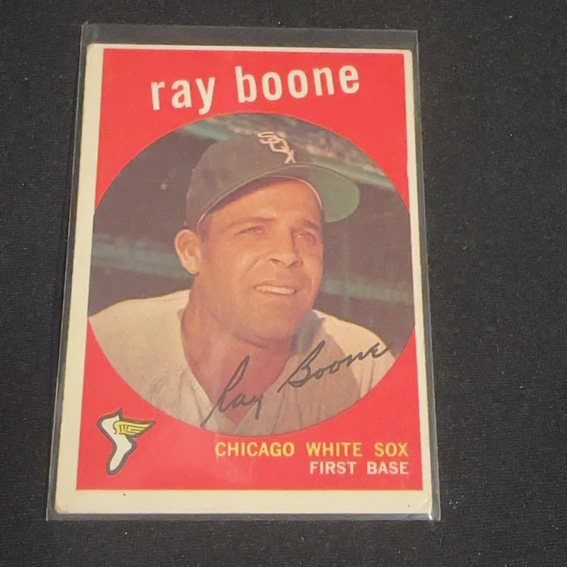 1959 Vintage Topps Ray Boone: 1959 Vintage Topps baseball card featuring Ray Boone. The card displays a portrait of the player in his Chicago White Sox uniform and includes his signature across the image.