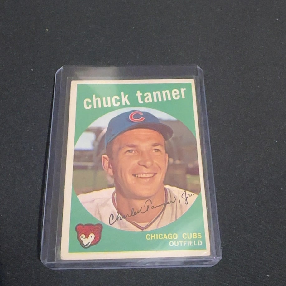 1959 Vintage Topps Chuck Tanner: This is a 1959 Vintage Topps baseball card featuring Chuck Tanner of the Chicago Cubs. The card displays a player portrait against a green background with the team name and position printed at the
