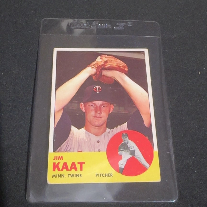 1963Topps Jim Kaat: This is a 1963 Topps baseball card featuring Minnesota Twins pitcher Jim Kaat. The card shows a portrait photo of the player above a yellow box containing his name, team, and position, along with a