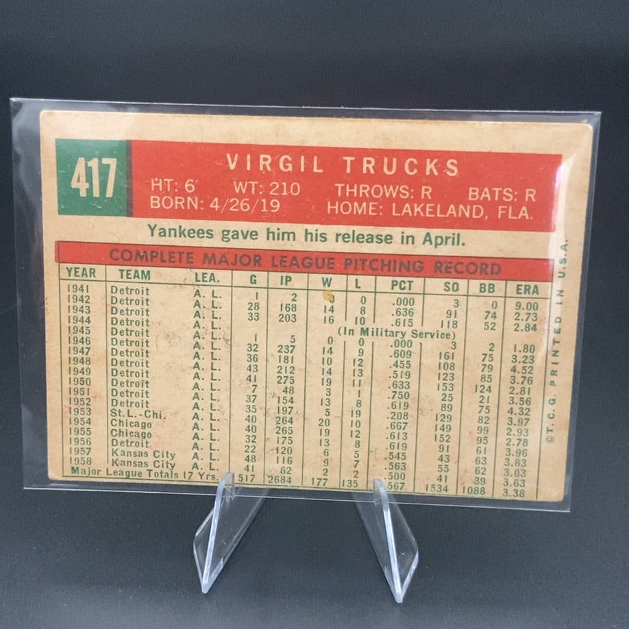 Vintage Virgil Trucks Kansas City A's Baseball Card - 2