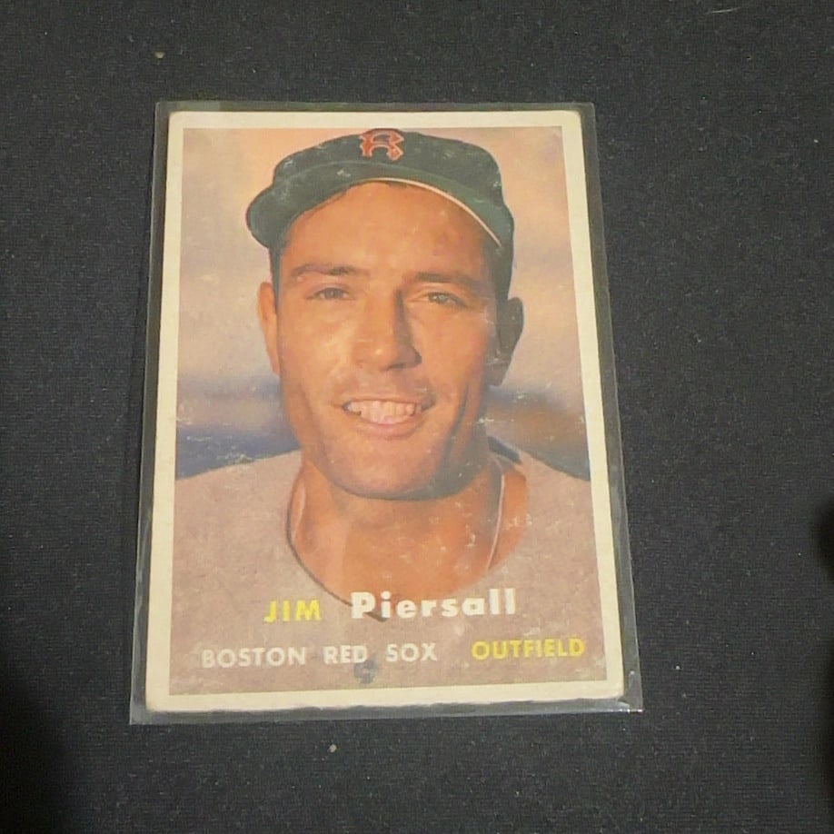 Jim Piersall Boston Red Sox Outfield: This is a vintage baseball card featuring Jim Piersall of the Boston Red Sox, who played as an outfielder. The card shows a portrait photograph of the player on the front. No year or brand is visibly