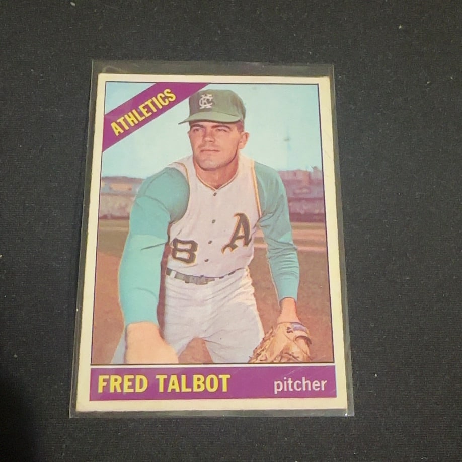 1966 Topps Fred Talbot: This is a 1966 Topps baseball card featuring Fred Talbot of the Kansas City Athletics. The card identifies him as a pitcher and shows him in his uniform. It is a vintage sports card from the 1960s.