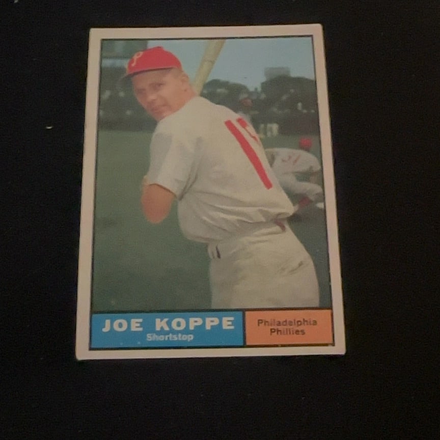 Joe Koppe Philadelphia Phillies: This is a vintage baseball trading card featuring Joe Koppe of the Philadelphia Phillies. He is depicted in his team uniform at the shortstop position.