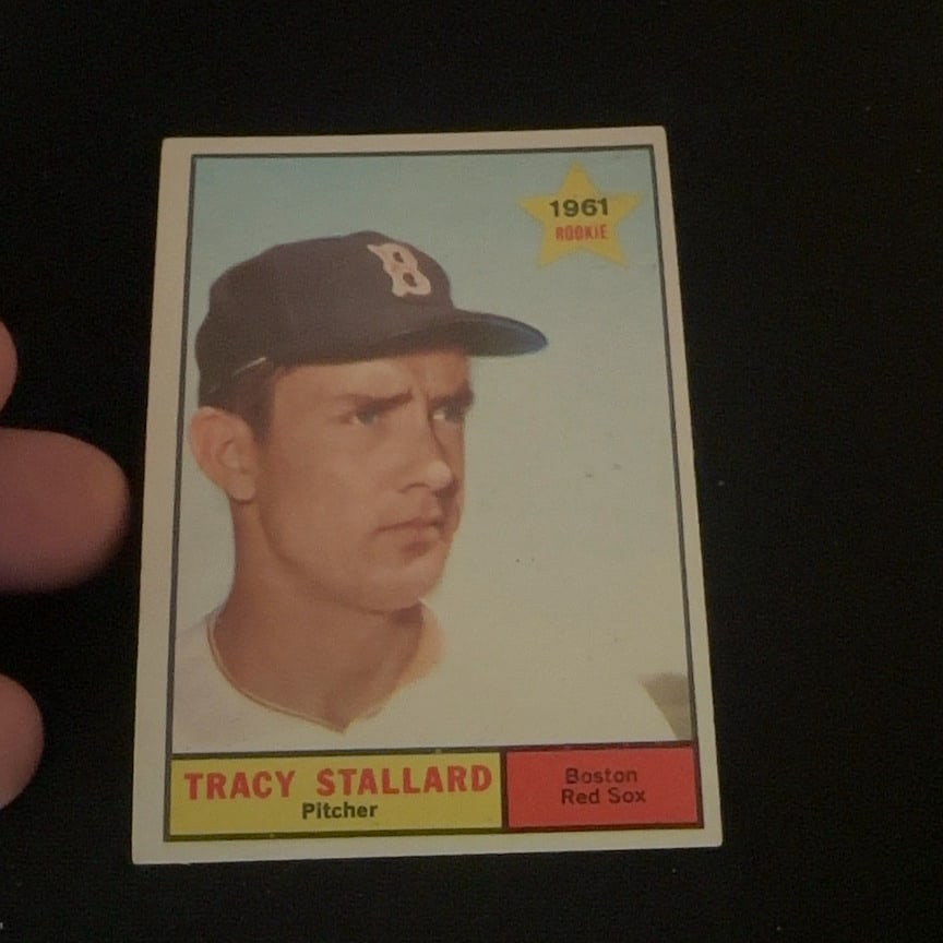 1961 Topps Tracy Stallard: This is a 1961 Topps baseball trading card featuring Tracy Stallard, a pitcher for the Boston Red Sox. The card prominently displays a yellow star indicating it is his rookie card.