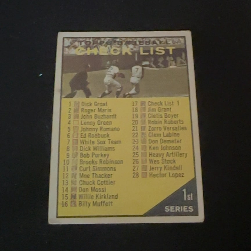1961 Topps Baseball Checklist 1st Series Card: This is a 1961 Topps Baseball trading card, specifically the 1st Series Checklist card. It features a list of players numbered 1 through 28, including stars like Roger Maris and Brooks Robinson. The