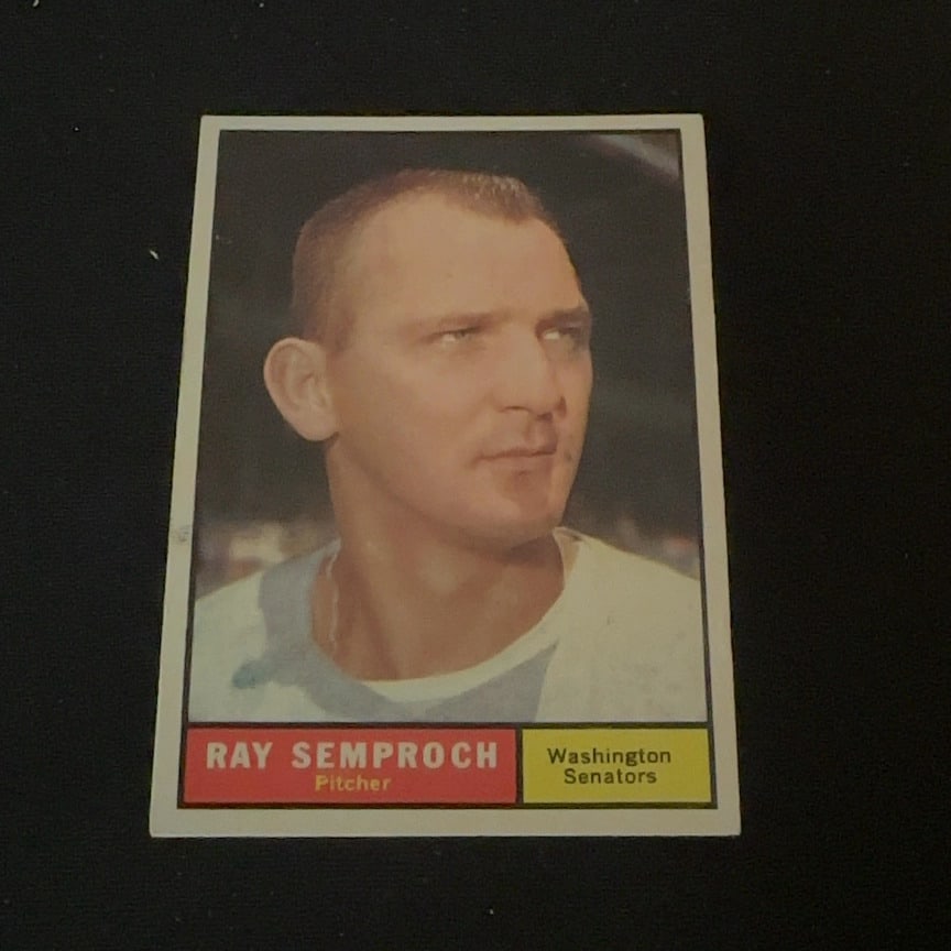 1961 Topps Ray Semproch: This is a 1961 Topps baseball card featuring Ray Semproch of the Washington Senators. The card identifies him as a pitcher and features a portrait photograph of the player on the front.
