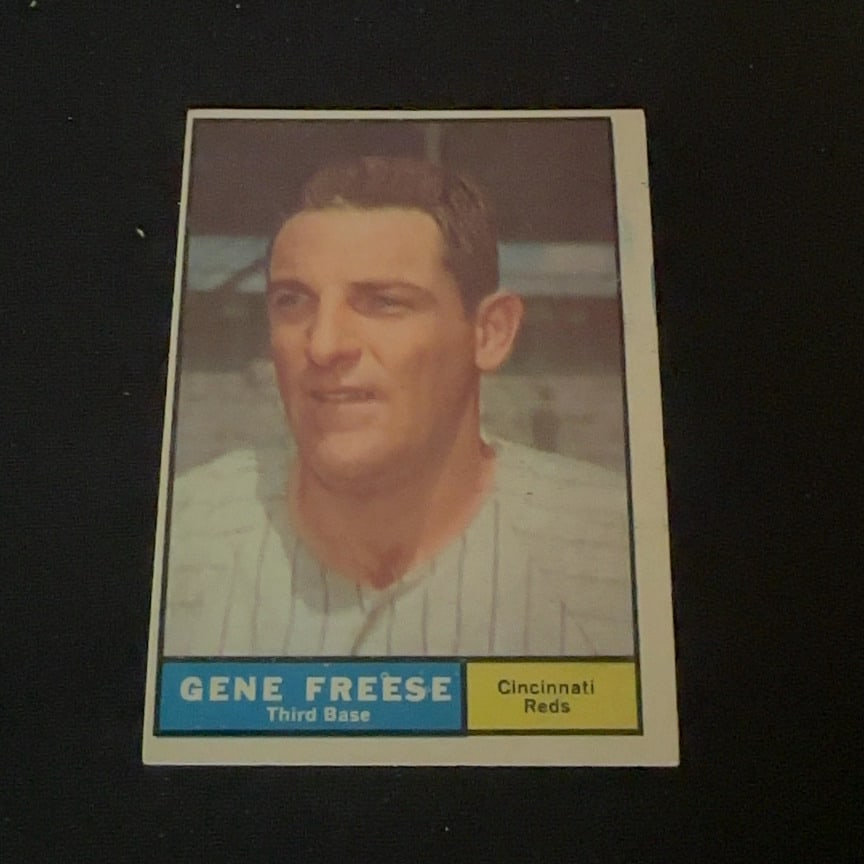 Gene Freese Cincinnati Reds: This is a vintage baseball card featuring Gene Freese, who played as a third baseman for the Cincinnati Reds. The card captures a clear portrait of the player and lists his team and position.
