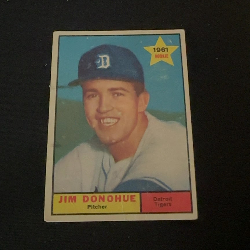 1961 Topps Jim Donohue: This is a 1961 Topps baseball card featuring Jim Donohue, a pitcher for the Detroit Tigers. The card identifies the player as a rookie.