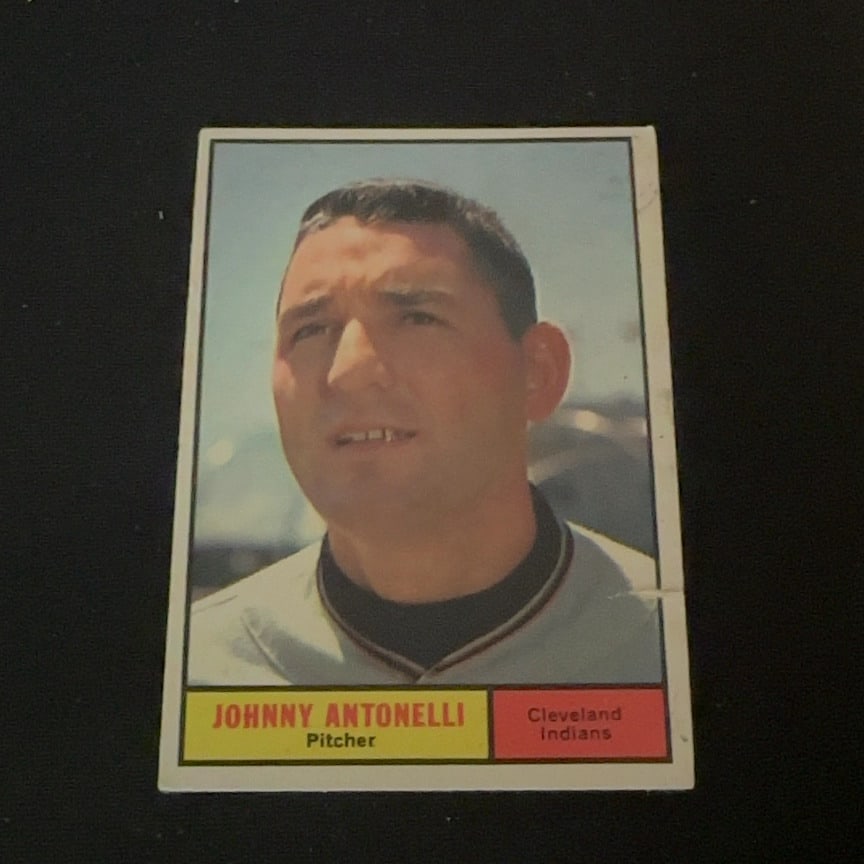 Johnny Antonelli Cleveland Indians: This is a vintage baseball card featuring Johnny Antonelli as a pitcher for the Cleveland Indians. The card captures a headshot of the player against a clear sky background.