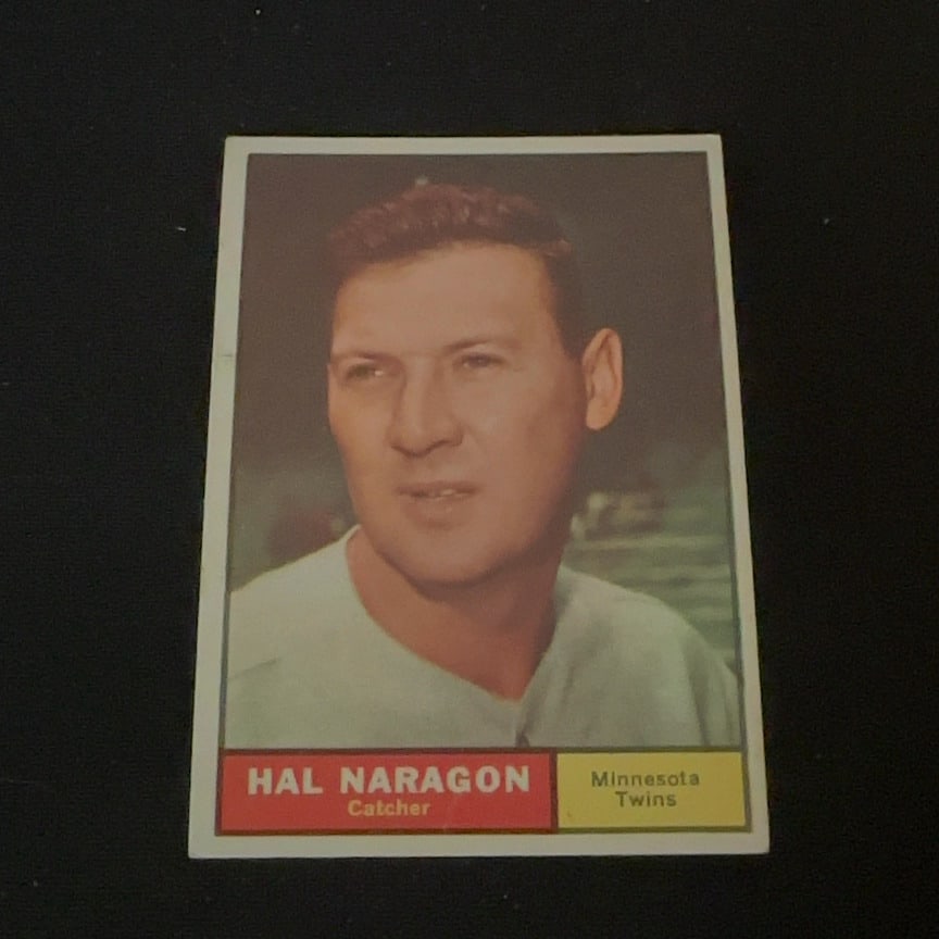 Hal Naragon Minnesota Twins: This is a vintage baseball card featuring Hal Naragon, a catcher for the Minnesota Twins. The card displays a portrait of the player on the front. No year or brand name is explicitly printed on the