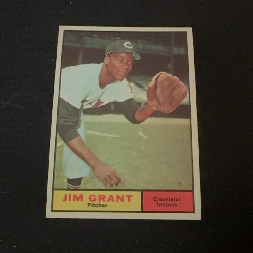 1961 Topps Jim Grant Cleveland Indians Baseball Card: 1961 Topps baseball card featuring pitcher Jim Grant of the Cleveland Indians. The card captures a front-facing action shot of the player on the field.