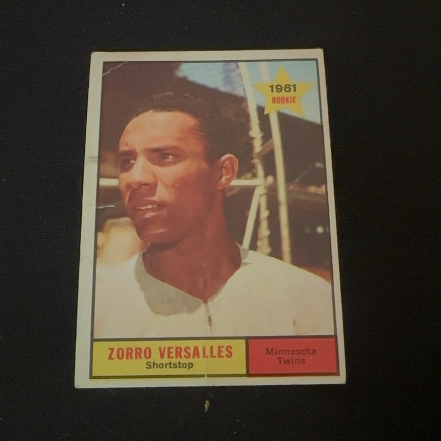 1961 Topps Zorro Versalles Rookie Card: This is a 1961 Topps baseball card featuring Minnesota Twins shortstop Zorro Versalles. The card is marked as a 1961 Rookie star issue.