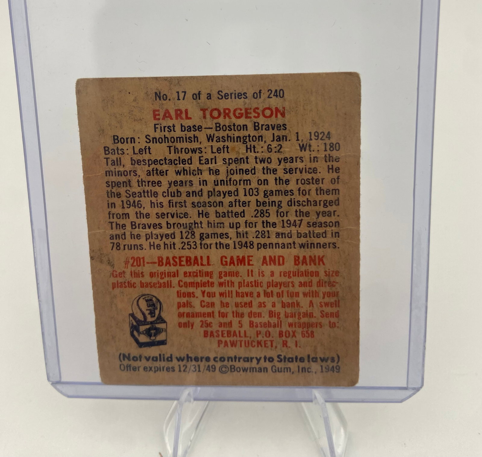 1949 Bowman #17 Earl Torgeson vintage baseball trading card, - 2