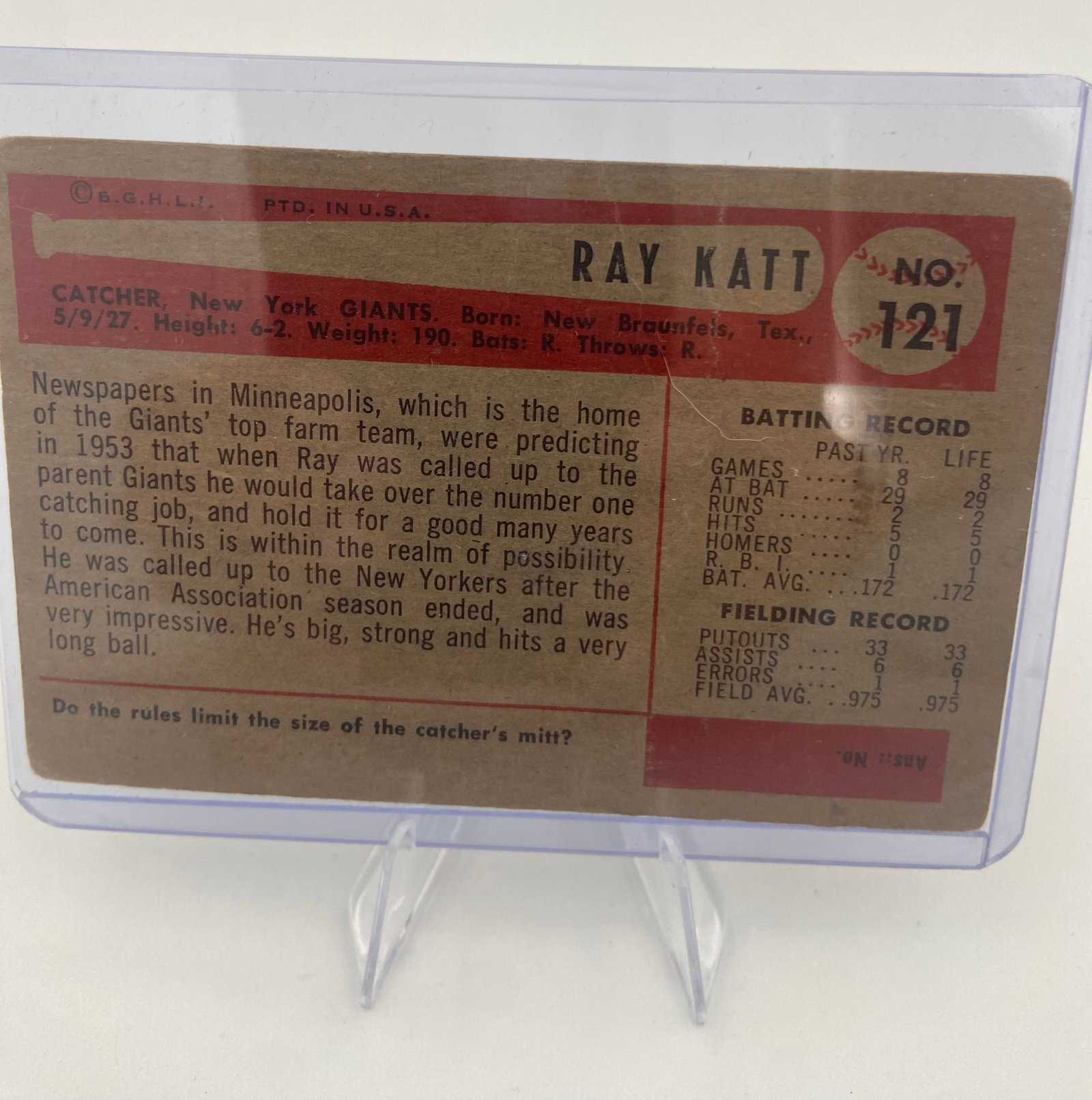 1954 Topps Ray Katt New York Giants Baseball Card - 2
