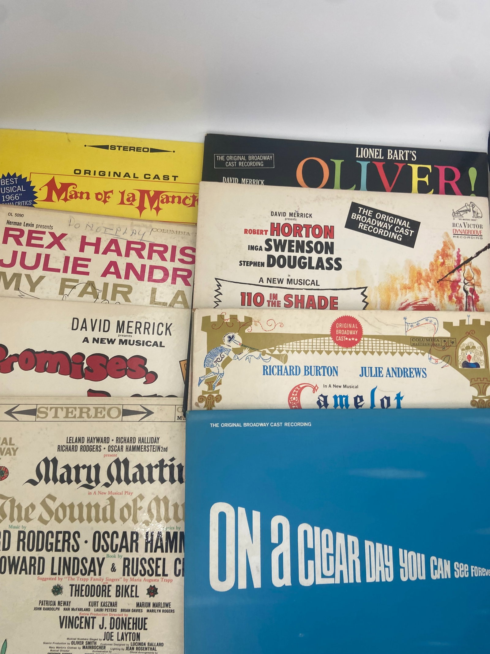 Collection of Broadway Original Cast Recording Vinyl Records: This is a collection of original Broadway cast recording vinyl record jackets. The lot includes iconic titles such as Oliver!, 110 in the Shade, Camelot, On a Clear Day You Can See Forever, Man of La