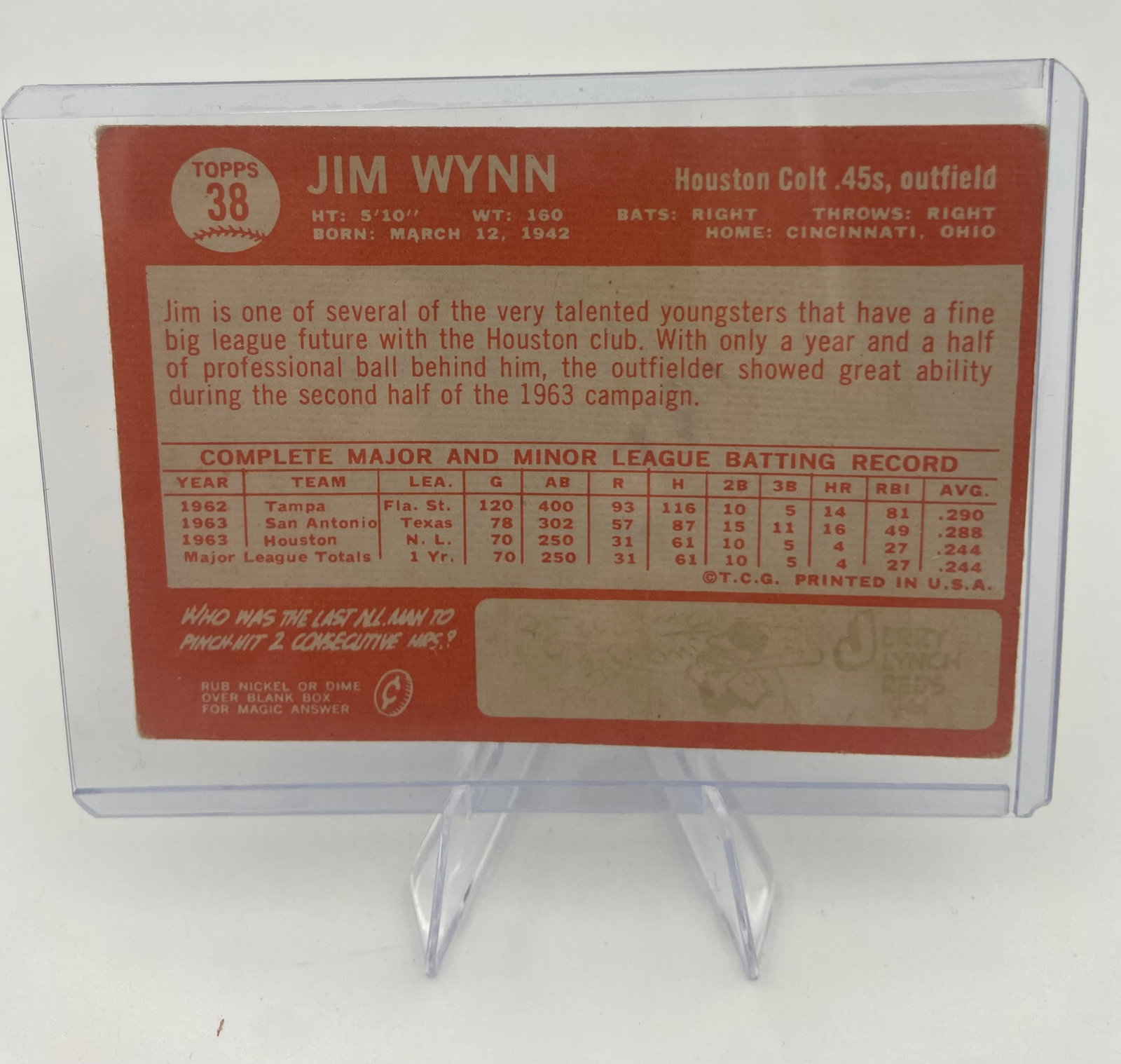 1964 Topps Jim Wynn Houston Colt .45s Baseball Card - 2
