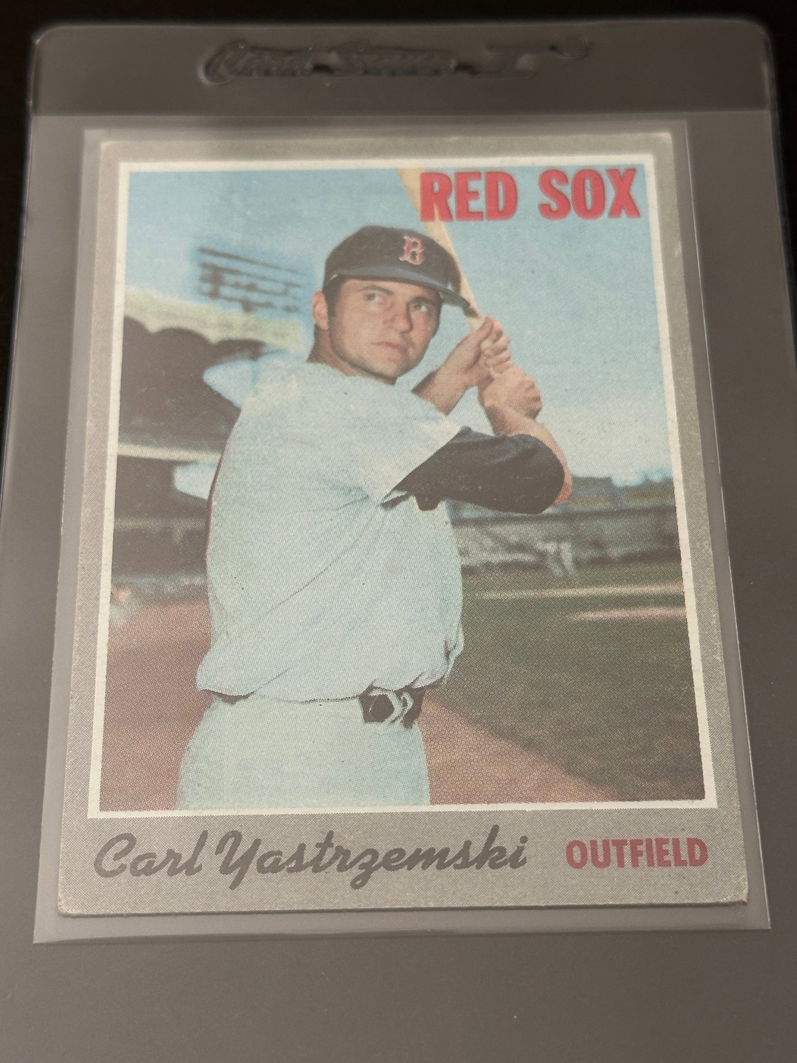 1967 Topps Carl Yastrzemski: This is a 1967 Topps baseball card featuring Boston Red Sox outfielder Carl Yastrzemski. The card captures the player in a batting pose and prominently displays his name and team affiliation.
