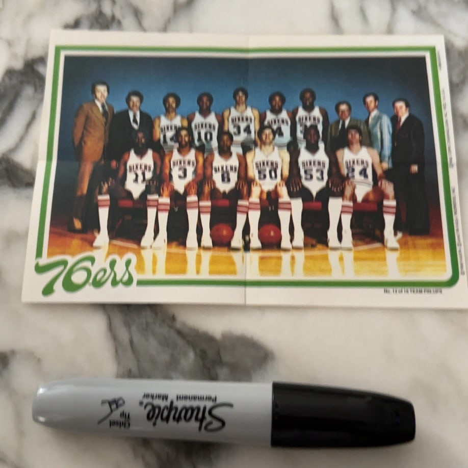 1980 Philadelphia 76ers Team Poster Pin-up: vintage 1980 Philadelphia 76ers team photo pin-up, which was likely an insert in a basketball card product or publication. It features the team roster including stars like Julius Erving and Doug